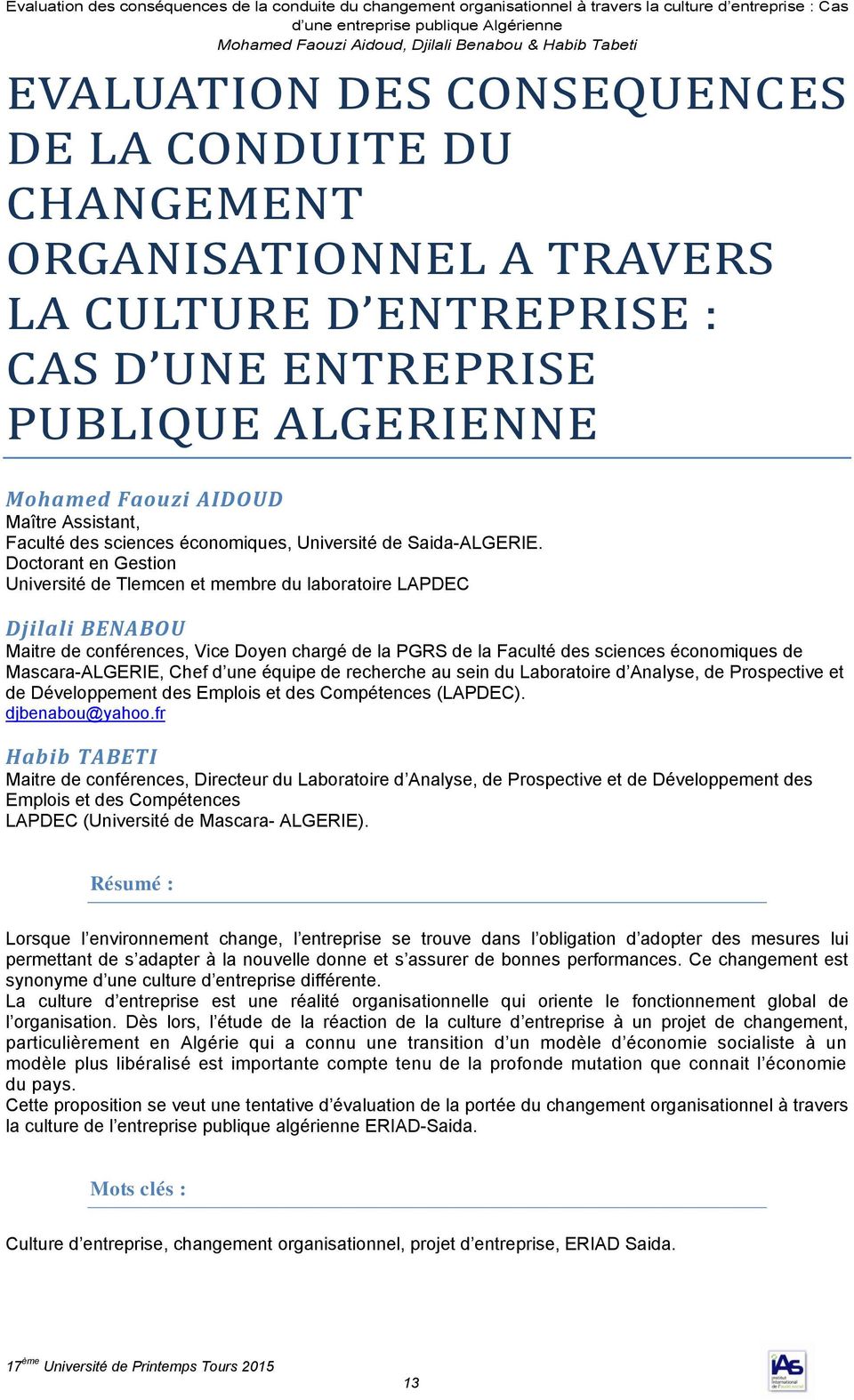 Faculté des sciences économiques, Université de Saida-ALGERIE.