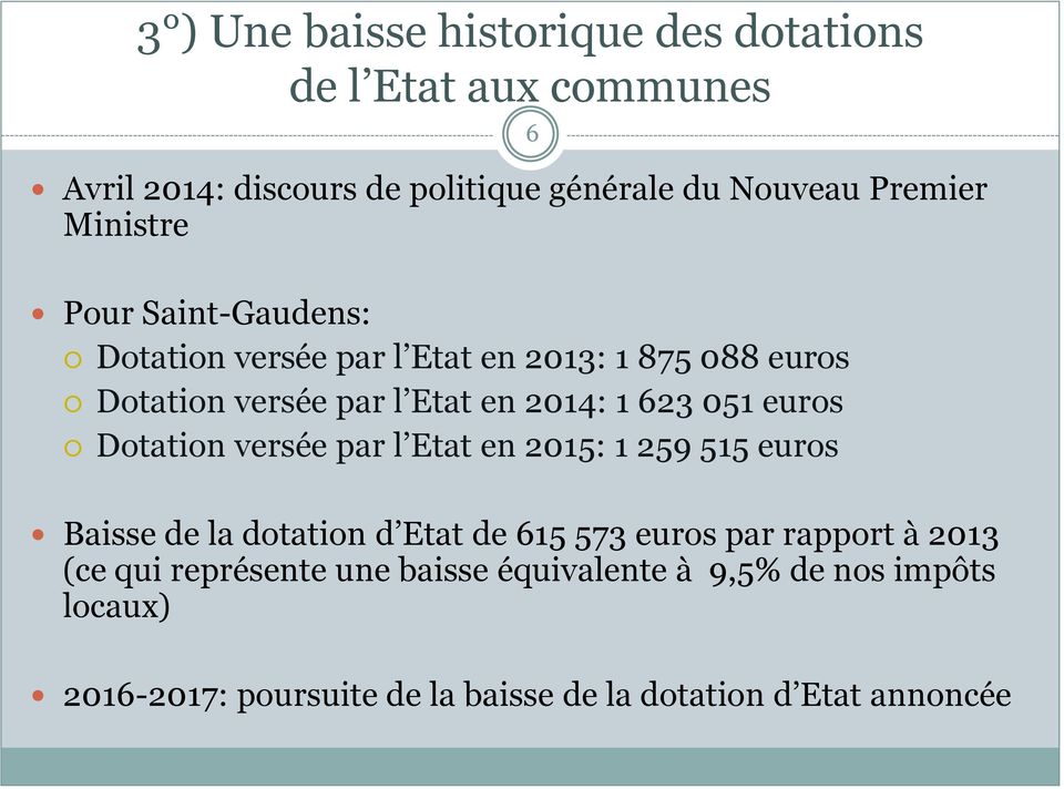 euros Dotation versée par l Etat en 2015: 1 259 515 euros Baisse de la dotation d Etat de 615 573 euros par rapport à 2013 (ce