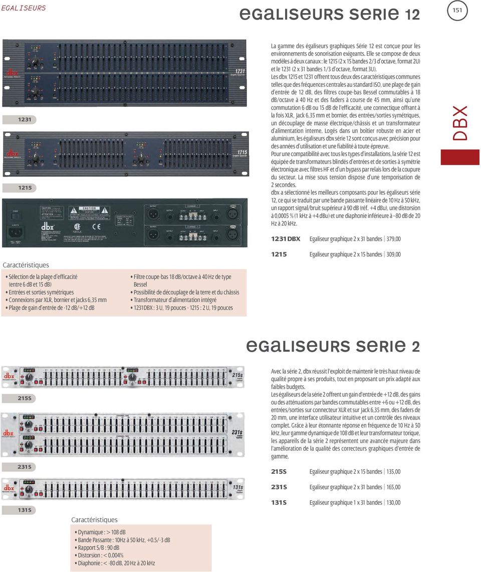 Les dbx 1215 et 1231 offrent tous deux des caractéristiques communes telles que des fréquences centrales au standard ISO, une plage de gain d entrée de 12 db, des filtres coupe-bas Bessel commutables