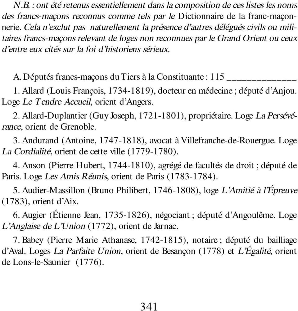 sérieux. A. Députés francs-maçons du Tiers à la Constituante : 115 1. Allard (Louis François, 1734-1819), docteur en médecine ; député d Anjou. Loge Le Tendre Accueil, orient d Angers. 2.