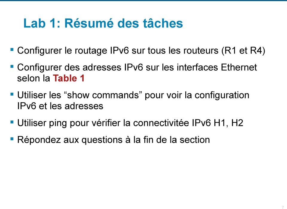les show commands pour voir la configuration IPv6 et les adresses Utiliser ping pour