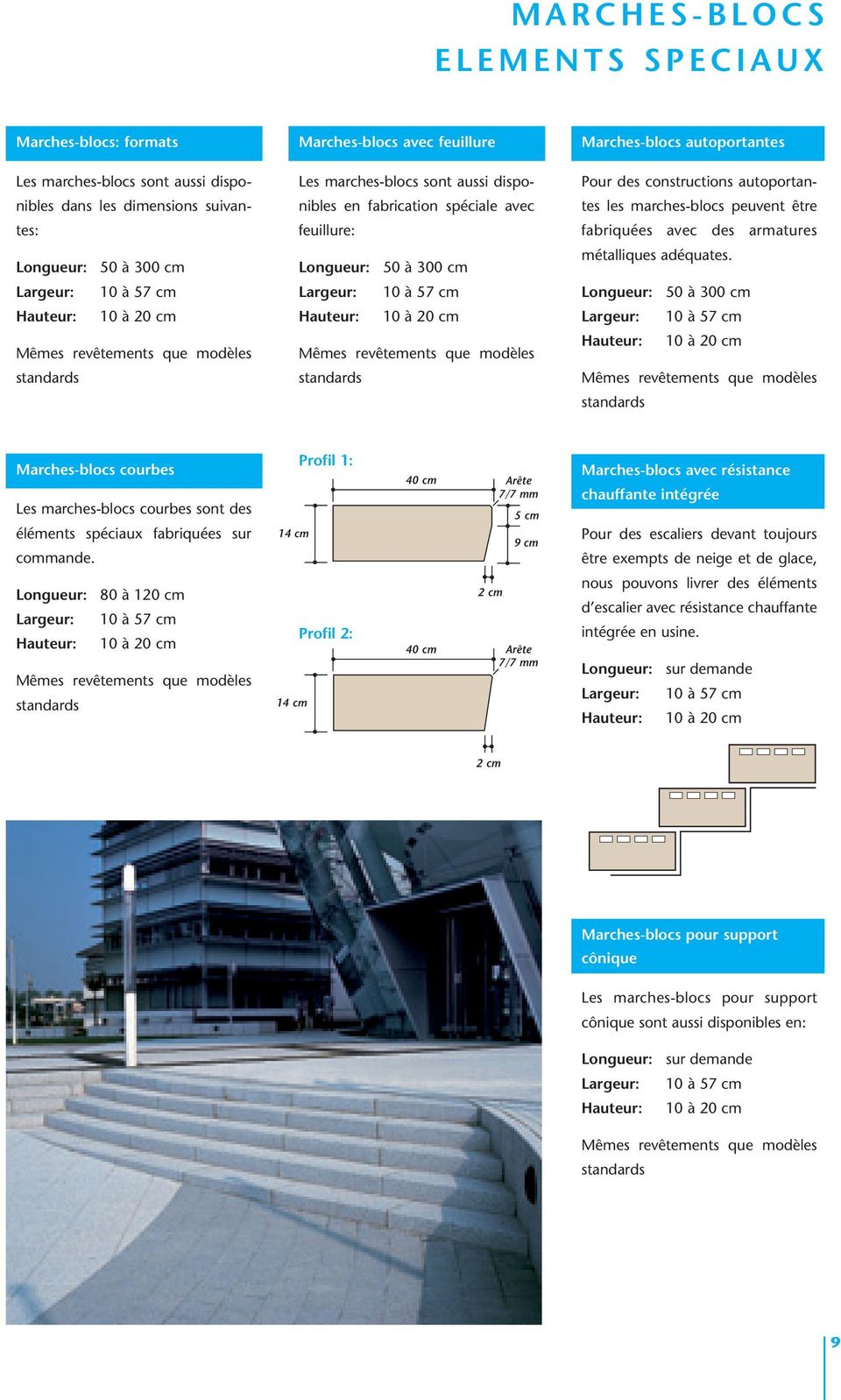 constructions autoportantes les marches-blocs peuvent être fabriquées avec des armatures métalliques adéquates.