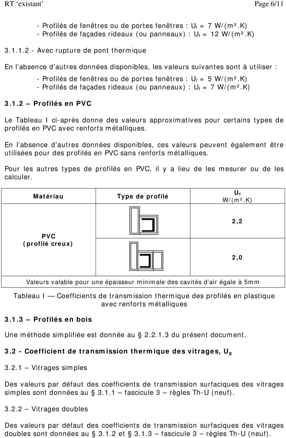 2 Profilés en PVC Le Tableau I ci-après donne des valeurs approximatives pour certains types de profilés en PVC avec renforts métalliques.