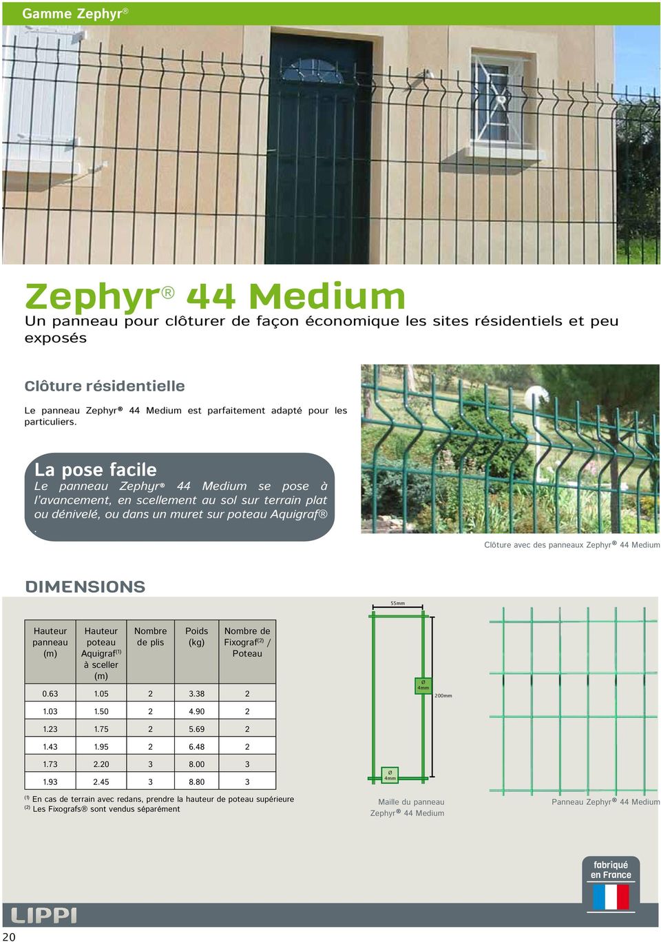 Clôture avec des panneaux Zephyr 44 Medium Dimensions 55mm Hauteur panneau (m) Hauteur poteau Aquigraf (1) à sceller (m) Nombre de plis Poids (kg) Nombre de Fixograf (2) / Poteau 0.63 1.05 2 3.38 2 1.