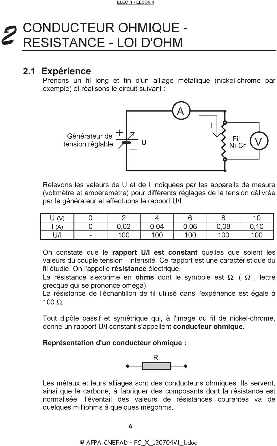 U et de I indiquées par les appareils de mesure (voltmètre et ampèremètre) pour différents réglages de la tension délivrée par le générateur et effectuons le rapport U/I.