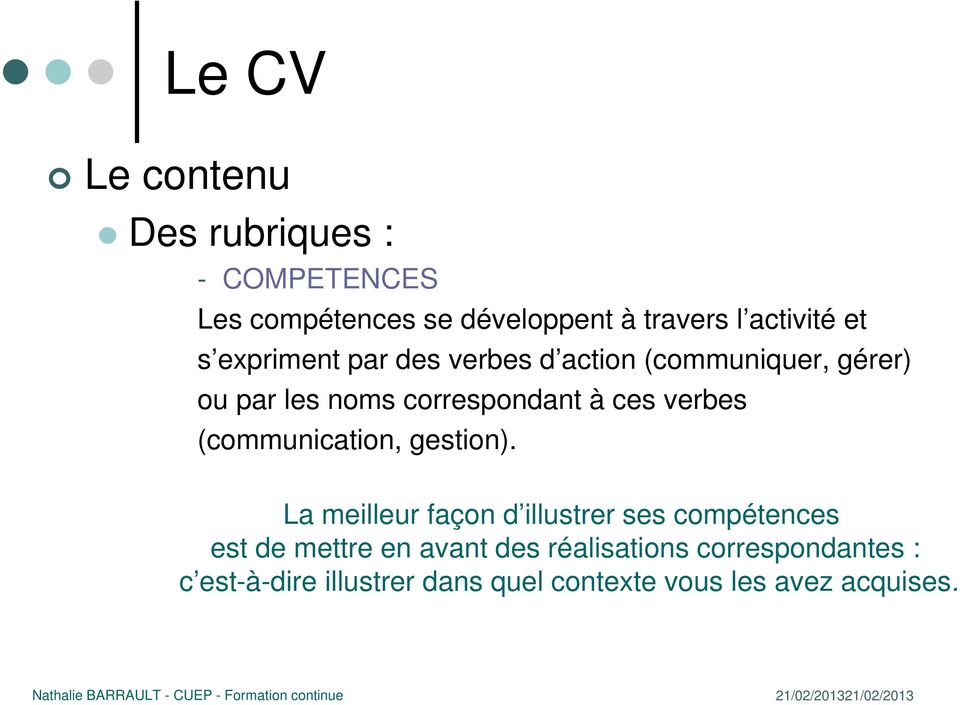 verbes (communication, gestion).