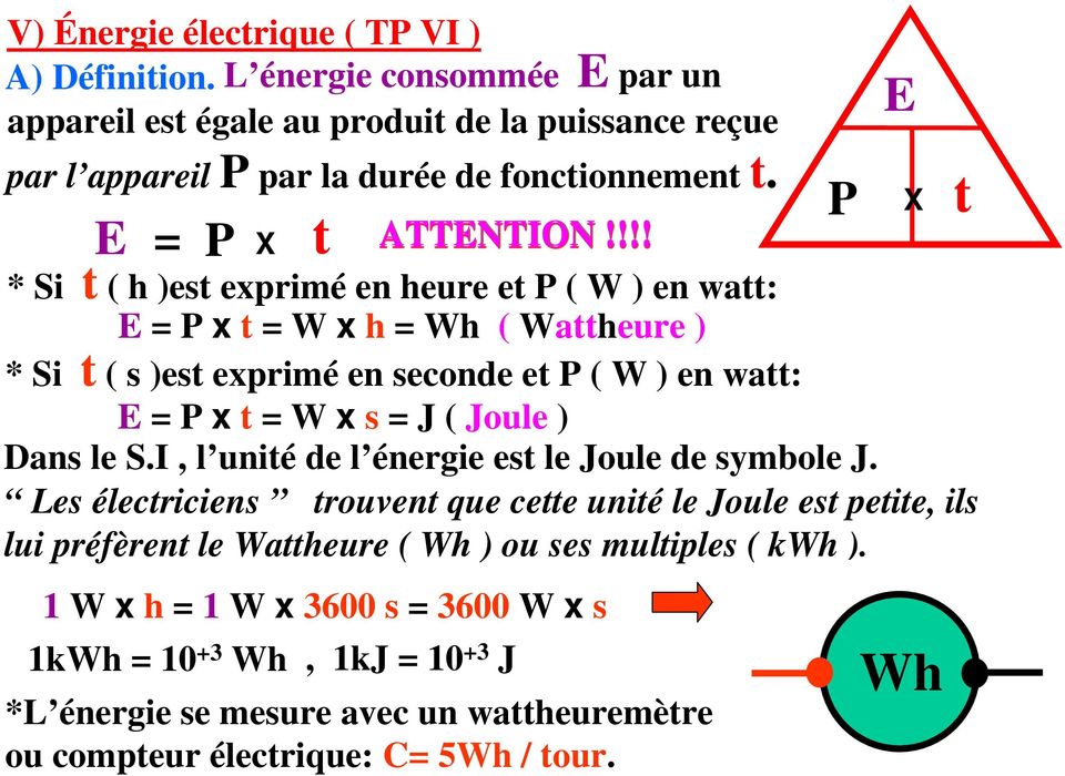 !!! * Si t ( h )est exprimé en heure et P ( W ) en watt: E = P x t = W x h = Wh ( Wattheure ) * Si t ( s )est exprimé en seconde et P ( W ) en watt: E = P x t = W x s = J ( Joule ) Dans le S.