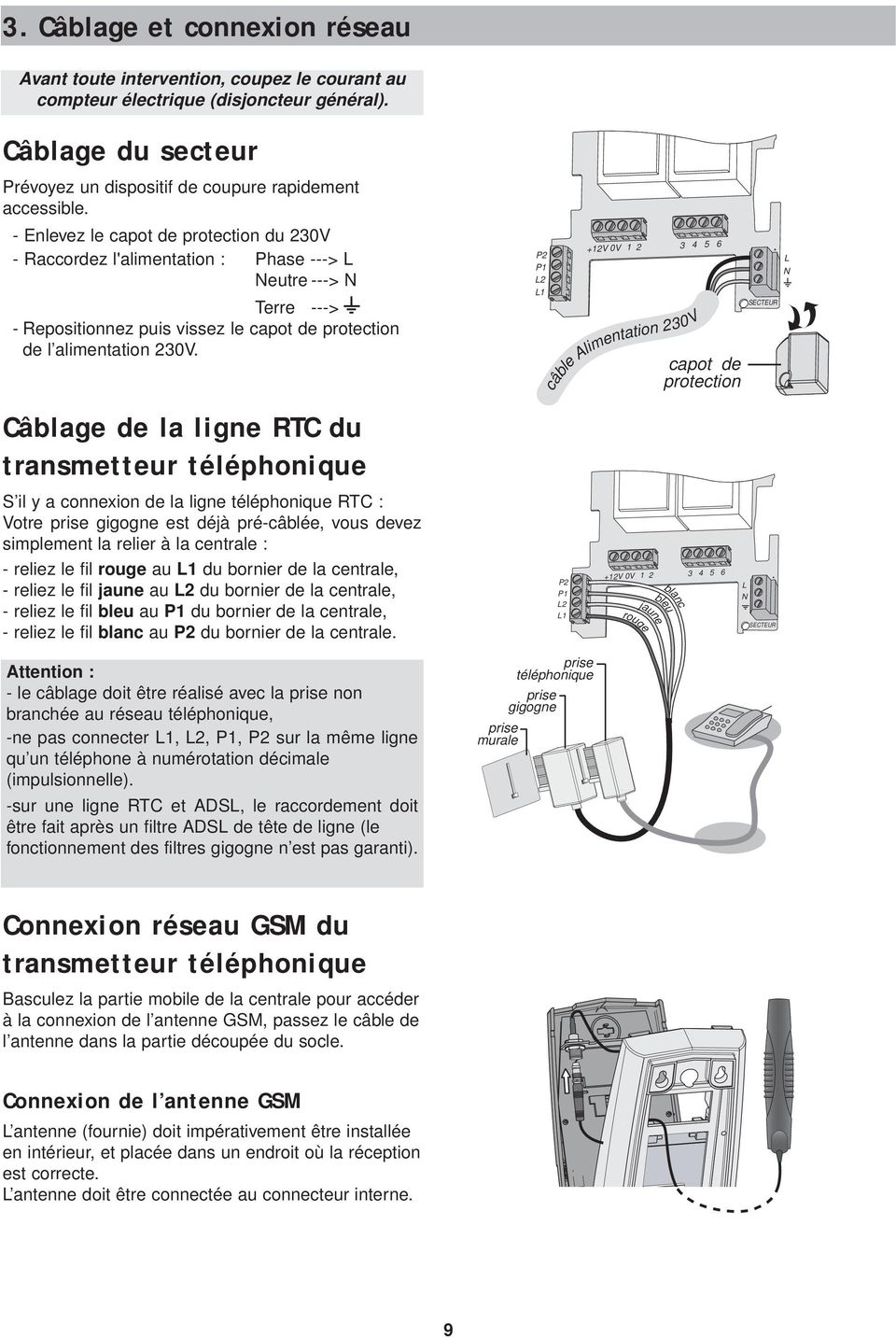 Câblage de la ligne RTC du transmetteur téléphonique S il y a connexion de la ligne téléphonique RTC : Votre prise gigogne est déjà pré-câblée, vous devez simplement la relier à la centrale : -