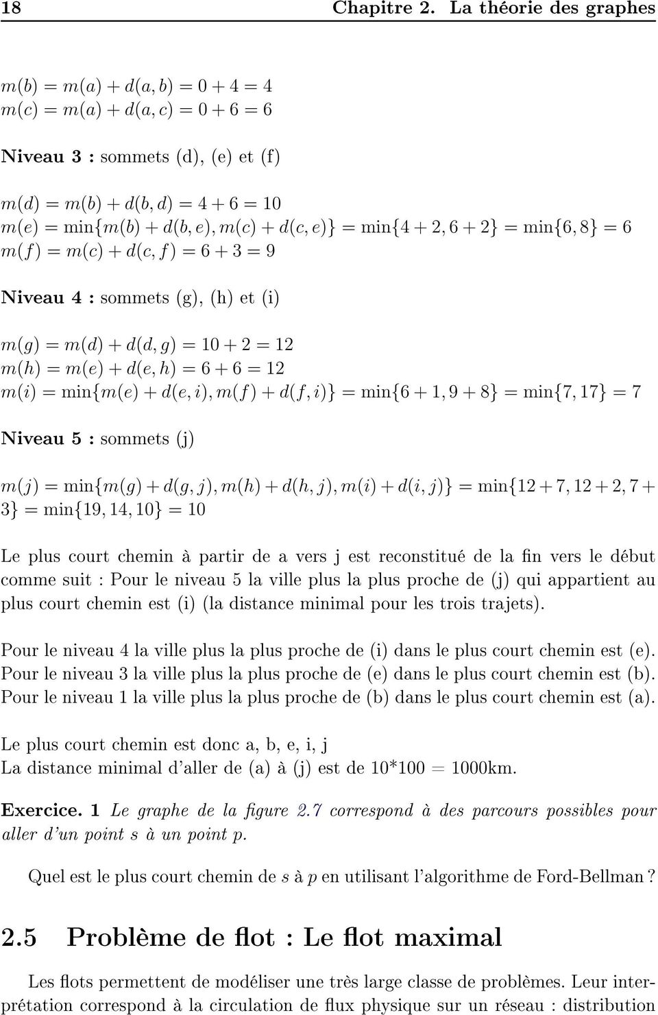 e)} = min{4 + 2, 6 + 2} = min{6, 8} = 6 m(f) = m(c) + d(c, f) = 6 + 3 = 9 Niveau 4 : sommets (g), (h) et (i) m(g) = m(d) + d(d, g) = 10 + 2 = 12 m(h) = m(e) + d(e, h) = 6 + 6 = 12 m(i) = min{m(e) +