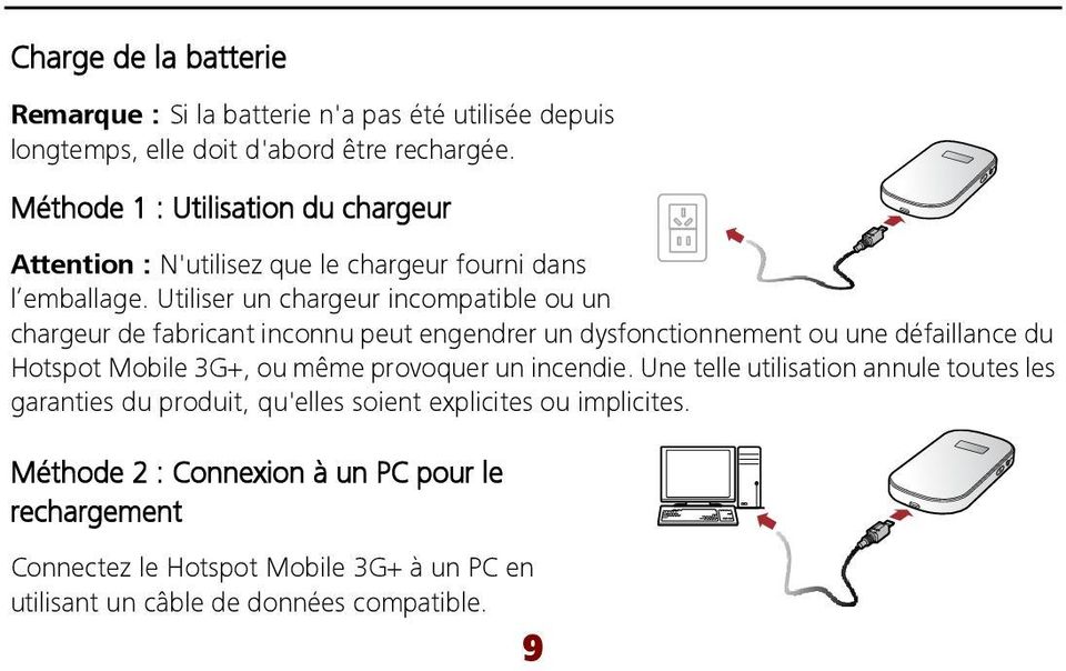 Utiliser un chargeur incompatible ou un chargeur de fabricant inconnu peut engendrer un dysfonctionnement ou une défaillance du Hotspot Mobile 3G+, ou même