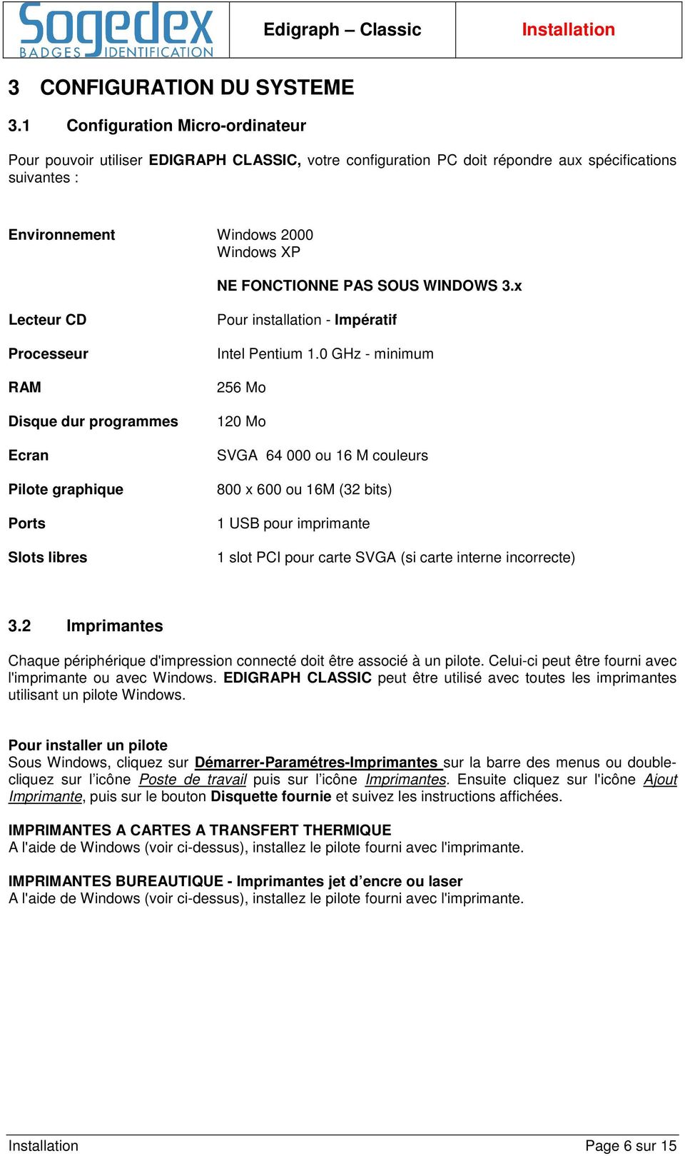 SOUS WINDOWS 3.x Lecteur CD Processeur RAM Disque dur programmes Ecran Pilote graphique Ports Slots libres Pour installation - Impératif Intel Pentium 1.