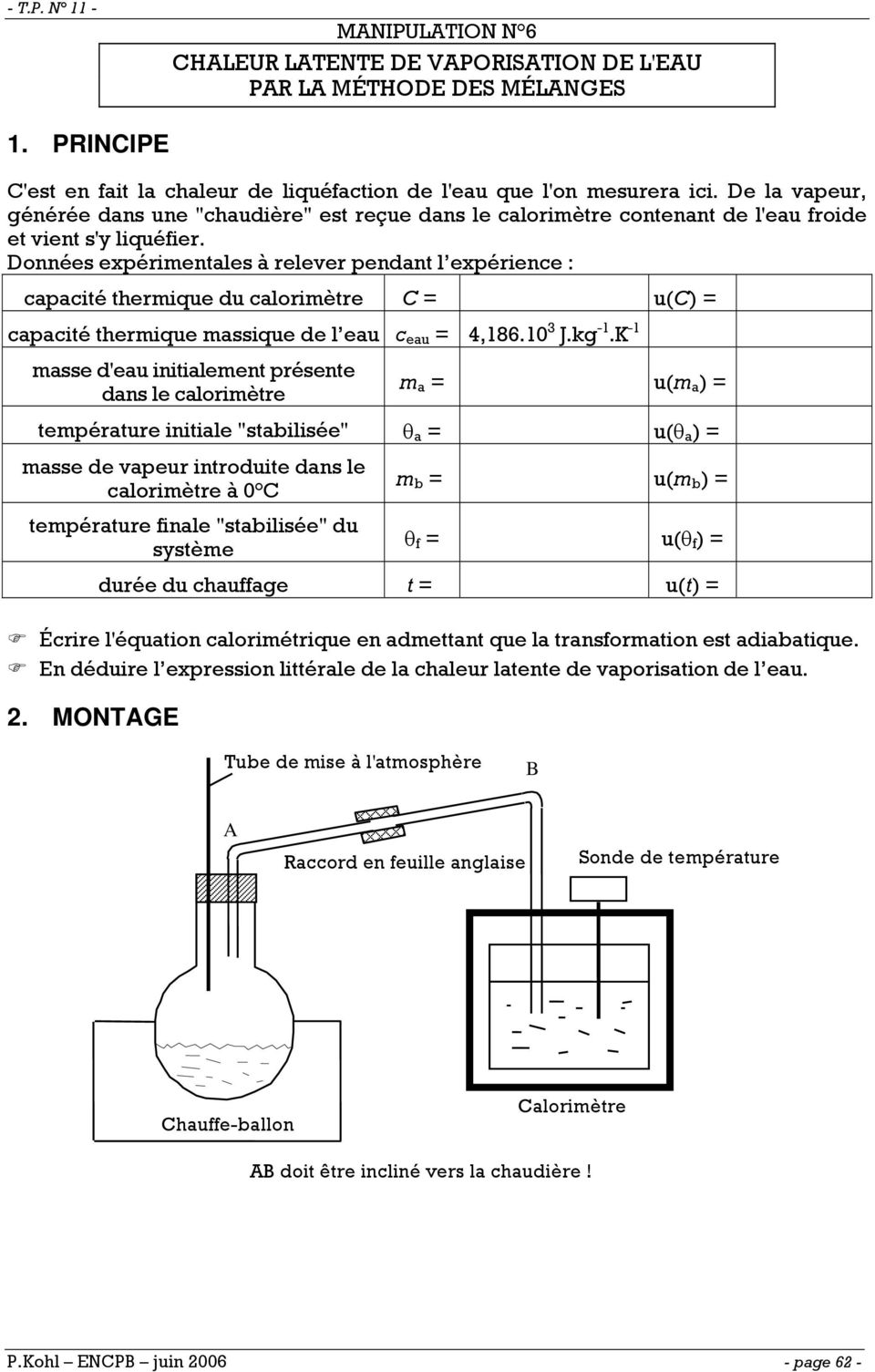 Données expérimentales à relever pendant l expérience : capacité thermique du calorimètre C = u(c) = capacité thermique massique de l eau c eau = 4,186.10 3 J.kg -1.