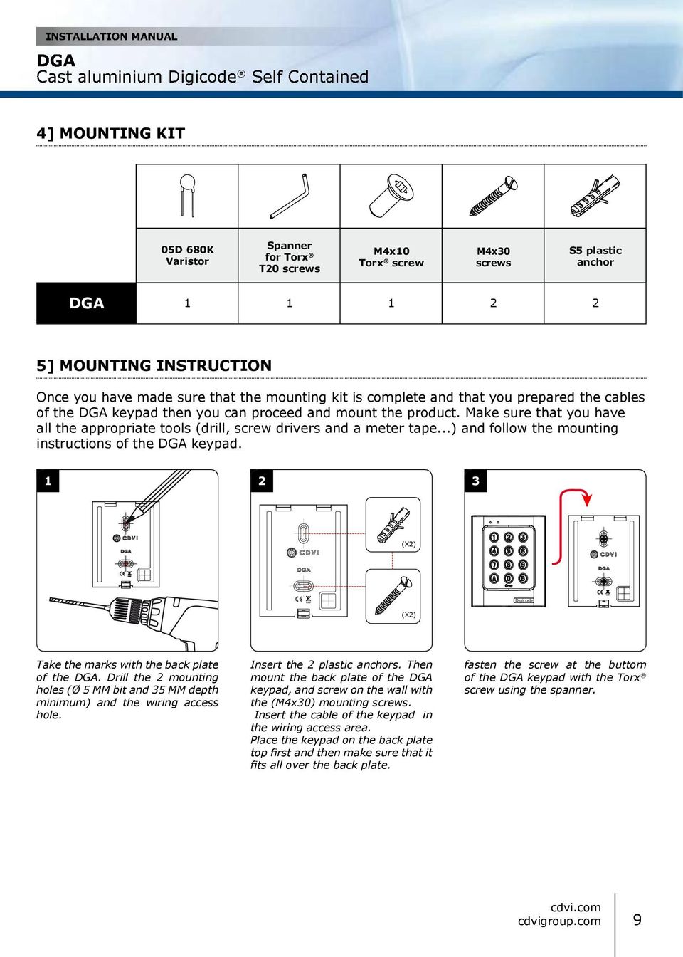 Make sure that you have all the appropriate tools (drill, screw drivers and a meter tape...) and follow the mounting instructions of the keypad.