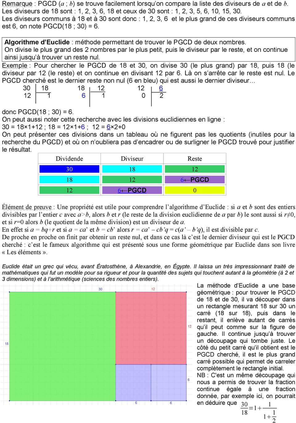 Algorithme d Euclide : méthode permettant de trouver le PGCD de deux nombres.