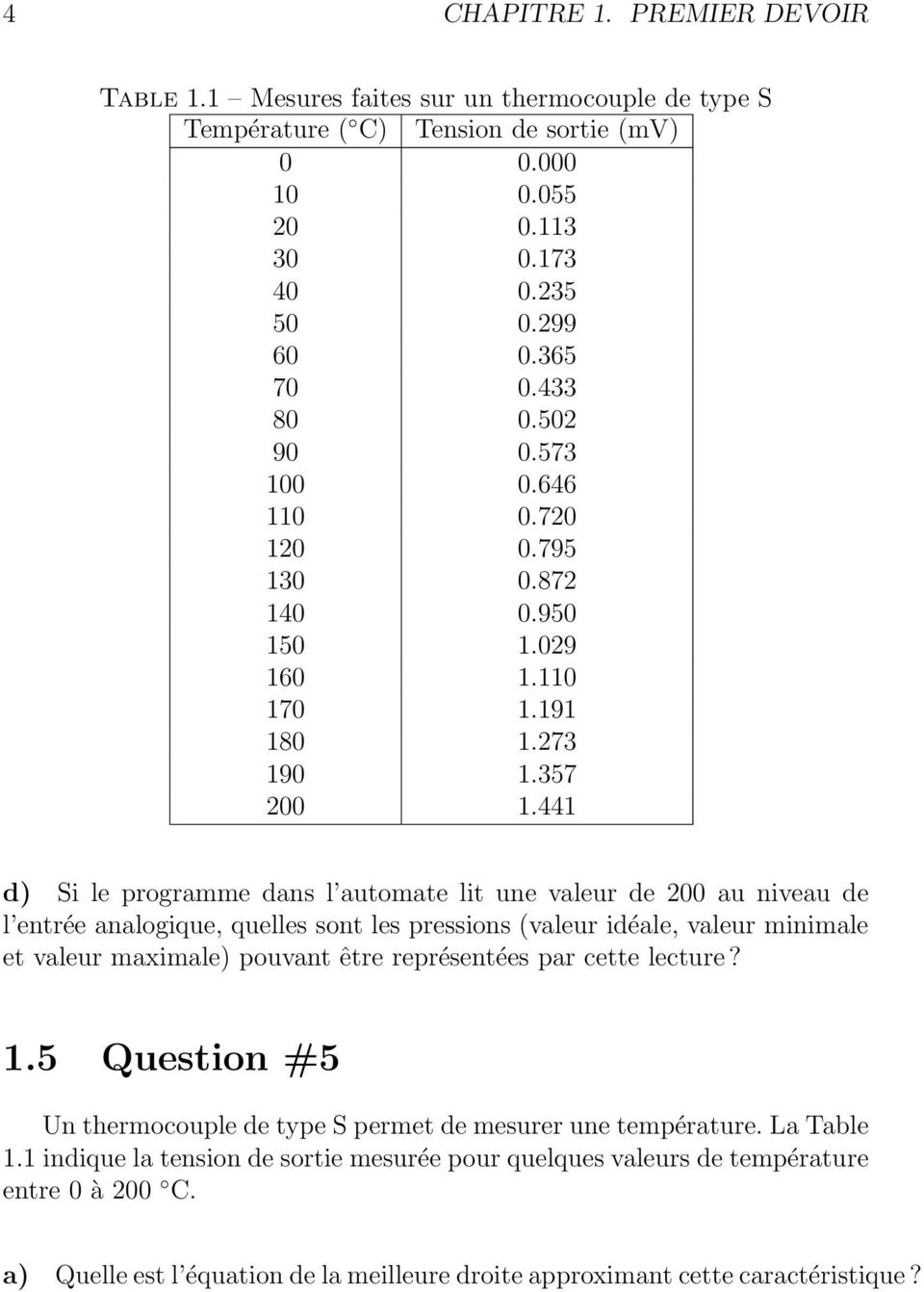 441 d) Si le programme dans l automate lit une valeur de 200 au niveau de l entrée analogique, quelles sont les pressions (valeur idéale, valeur minimale et valeur maximale) pouvant être représentées
