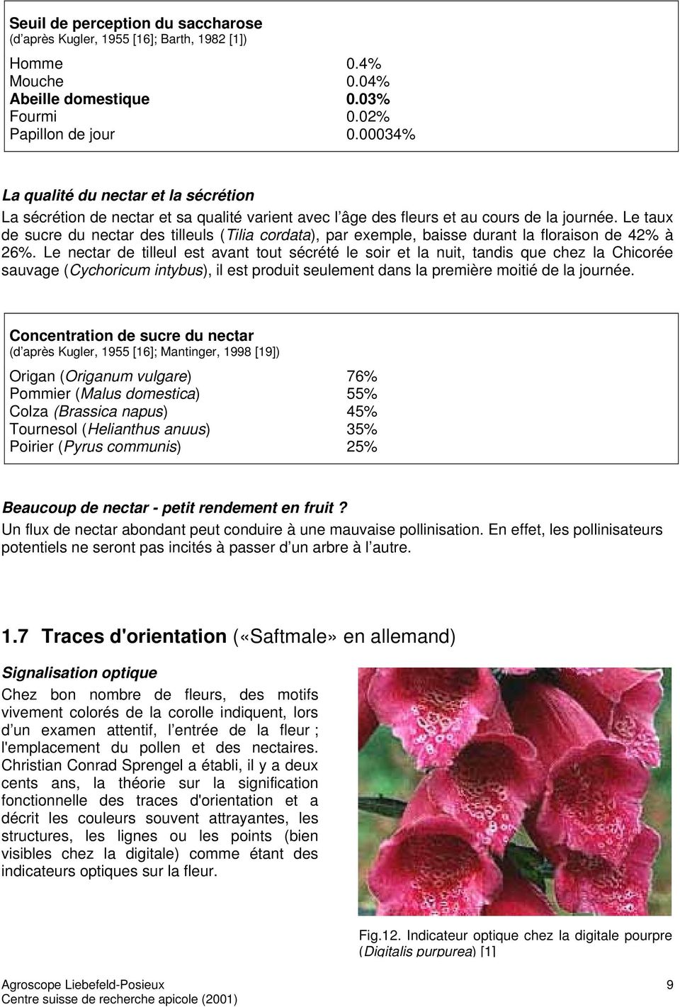 Le taux de sucre du nectar des tilleuls (Tilia cordata), par exemple, baisse durant la floraison de 42% à 26%.