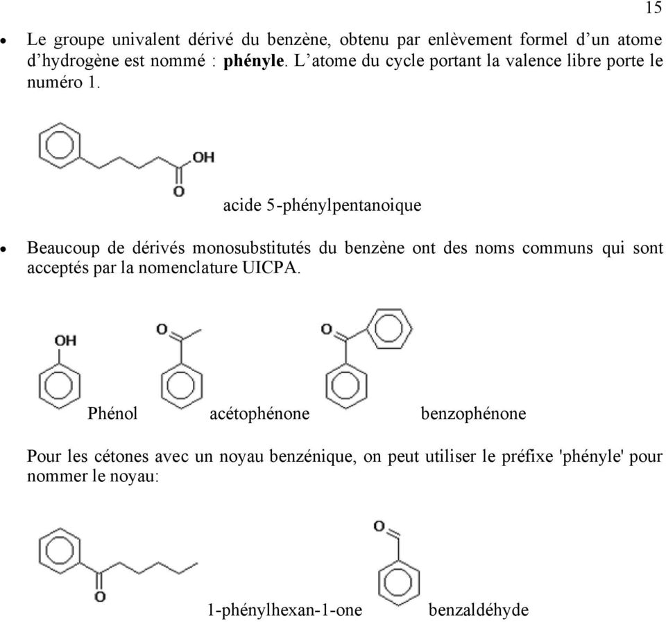 15 acide 5-phénylpentanoique Beaucoup de dérivés monosubstitutés du benzène ont des noms communs qui sont acceptés par