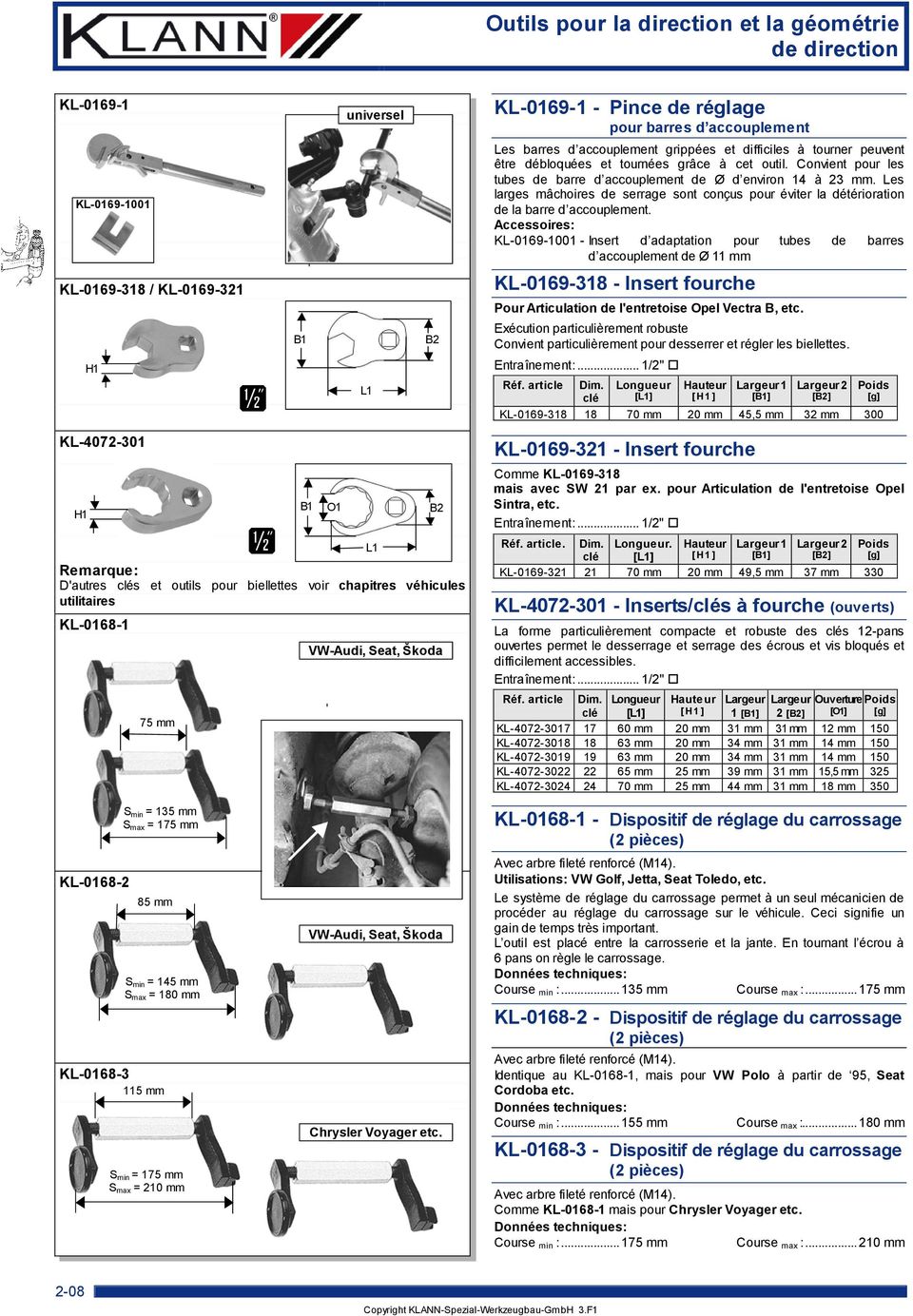 Accessoires: KL-0169-1001 - Insert d adaptation pour tubes de barres d accouplement de Ø 11 mm KL-0169-318 / KL-0169-321 H1 d B1 L1 B2 KL-0169-318 - Insert fourche Pour Articulation de l'entretoise