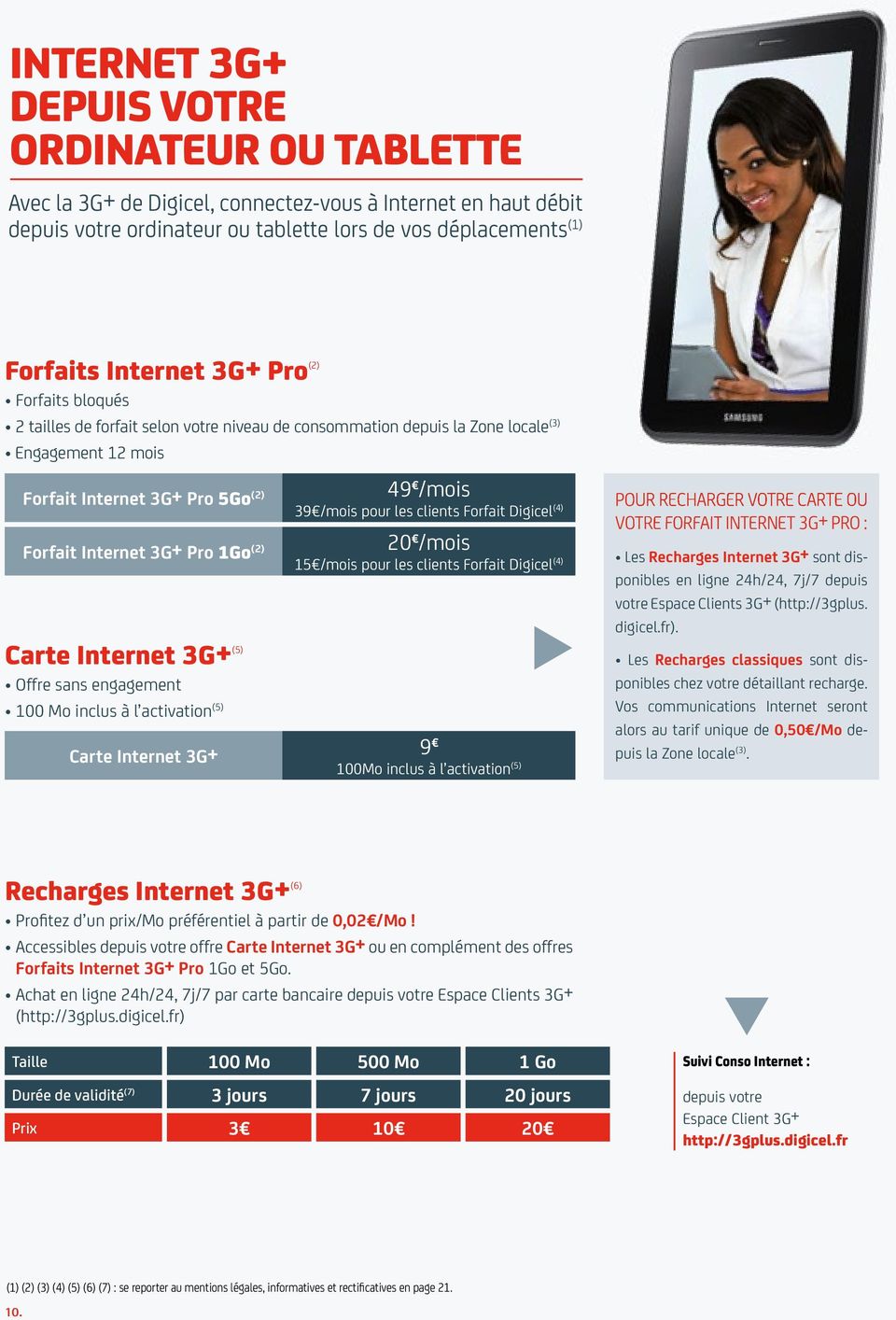 internet 3g+ (5) Offre sans engagement 100 Mo inclus à l activation (5) 49 /mois 39 /mois pour les clients Forfait Digicel (4) 20 /mois 15 /mois pour les clients Forfait Digicel (4) Carte Internet