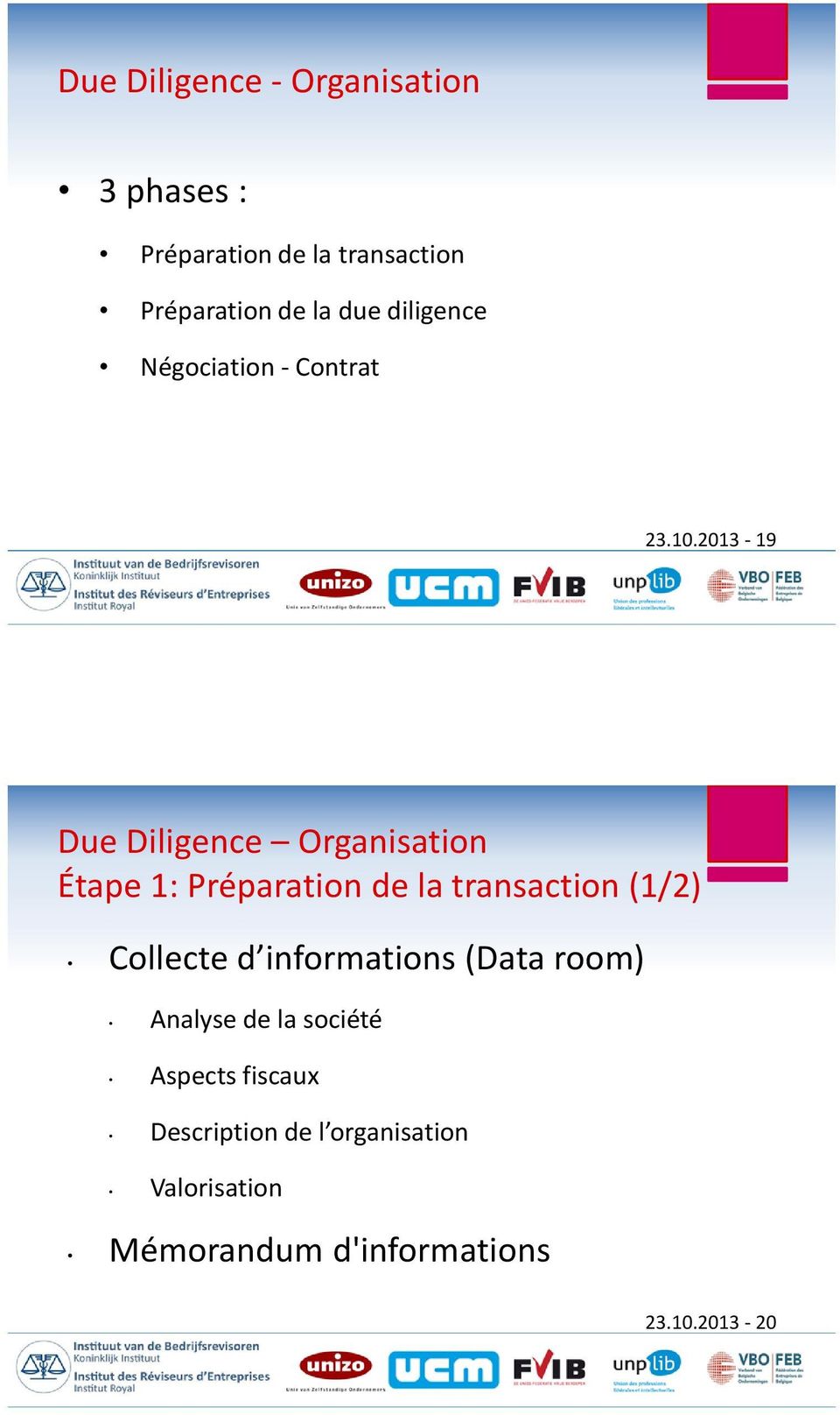 2013-19 Due Diligence Organisation Étape 1: Préparation de la transaction (1/2) Collecte d