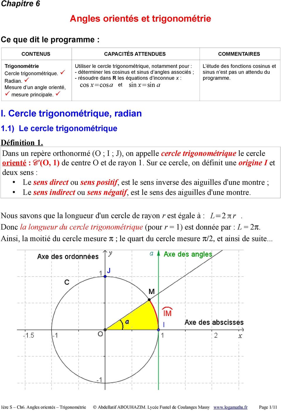 Utiliser le cercle trigonométrique, notamment pour : - déterminer les cosinus et sinus d angles associés ; - résoudre dans R les équations d inconnue x : cos x=cos a et sin x=sin a L étude des
