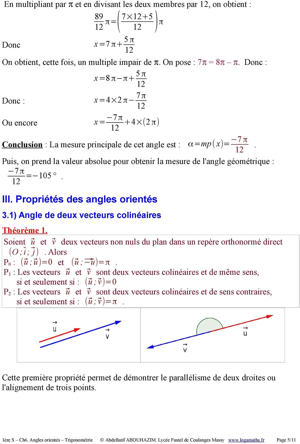 Propriétés des angles orientés.) Angle de deux vecteurs colinéaires Théorème. Soient u et v deux vecteurs non nuls du plan dans un repère orthonormé direct (O ; i ; j ). Alors u)=.
