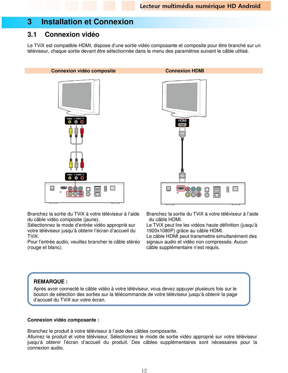 paramètres suivant le câble utilisé. Connexion vidéo composite Connexion HDMI Branchez la sortie du TViX à votre téléviseur à l aide du câble vidéo composite (jaune).