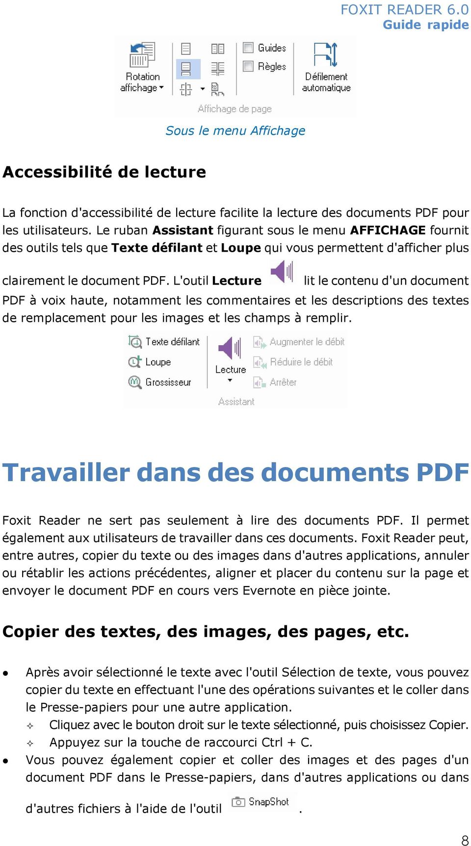 L'outil Lecture lit le contenu d'un document PDF à voix haute, notamment les commentaires et les descriptions des textes de remplacement pour les images et les champs à remplir.