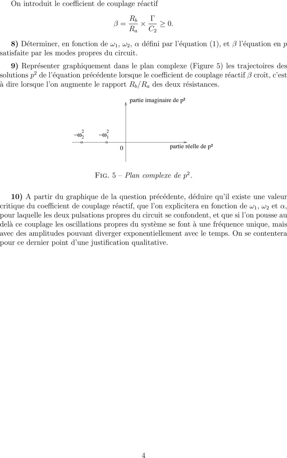 9) Représenter graphiquement dans le plan complexe (Figure 5) les trajectoires des solutions p 2 de l équation précédente lorsque le coefficient de couplage réactif β croît, c est à dire lorsque l on