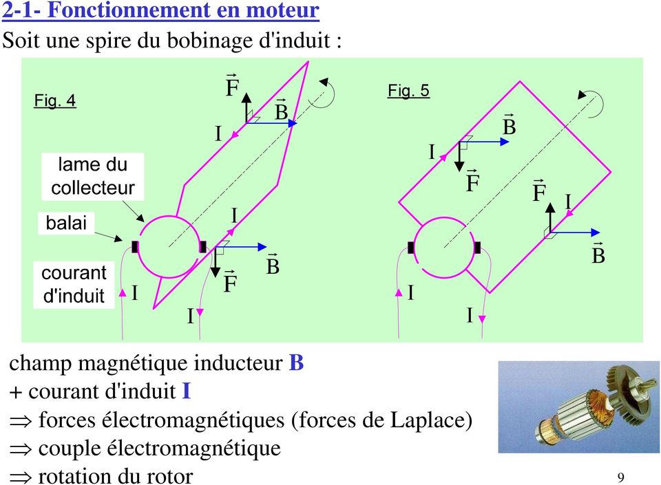 inducteur B + courant d'induit I forces électromagnétiques