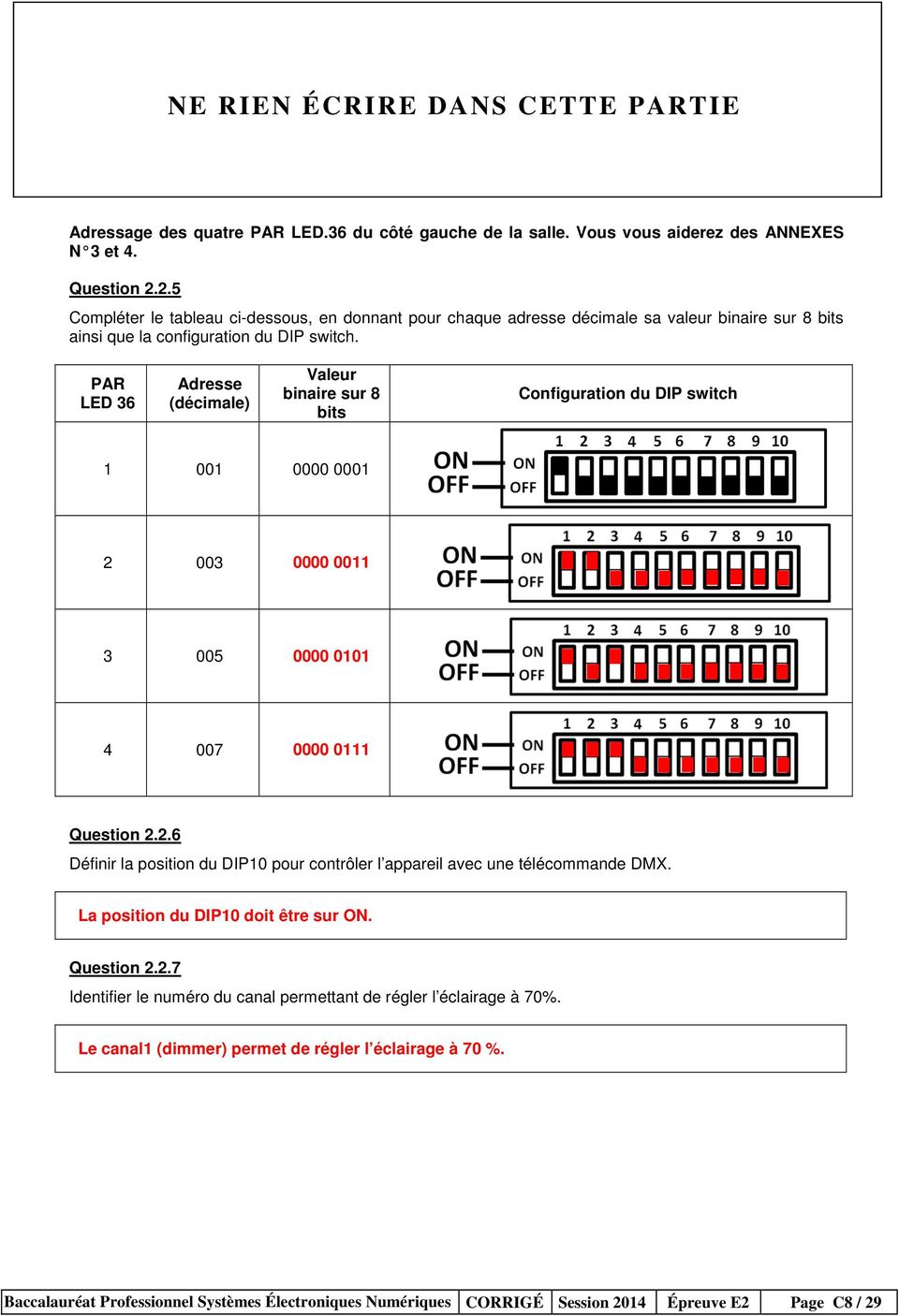 PAR LED 36 Adresse (décimale) Valeur binaire sur 8 bits Configuration du DIP switch 1 001 0000 0001 2 003 0000 0011 3 005 0000 0101 4 007 0000 0111 Question 2.2.6 Définir la position du DIP10 pour contrôler l appareil avec une télécommande DMX.