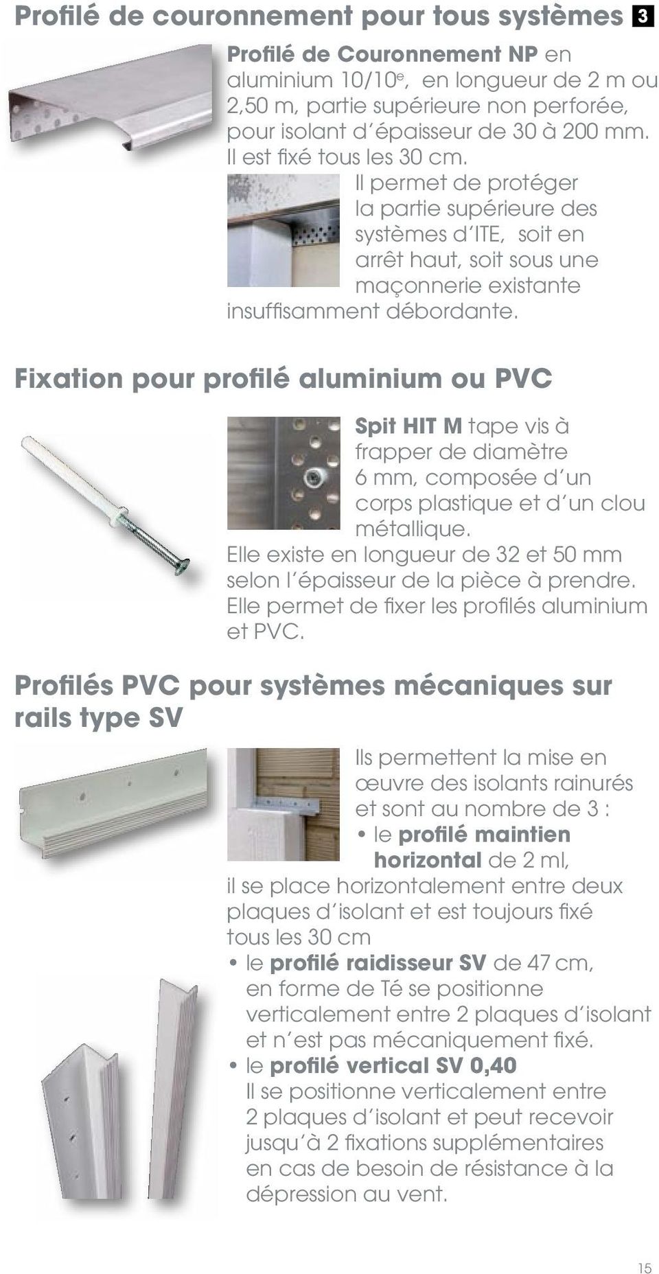 Fixation pour profilé aluminium ou PVC Spit HIT M tape vis à frapper de diamètre 6 mm, composée d un corps plastique et d un clou métallique.