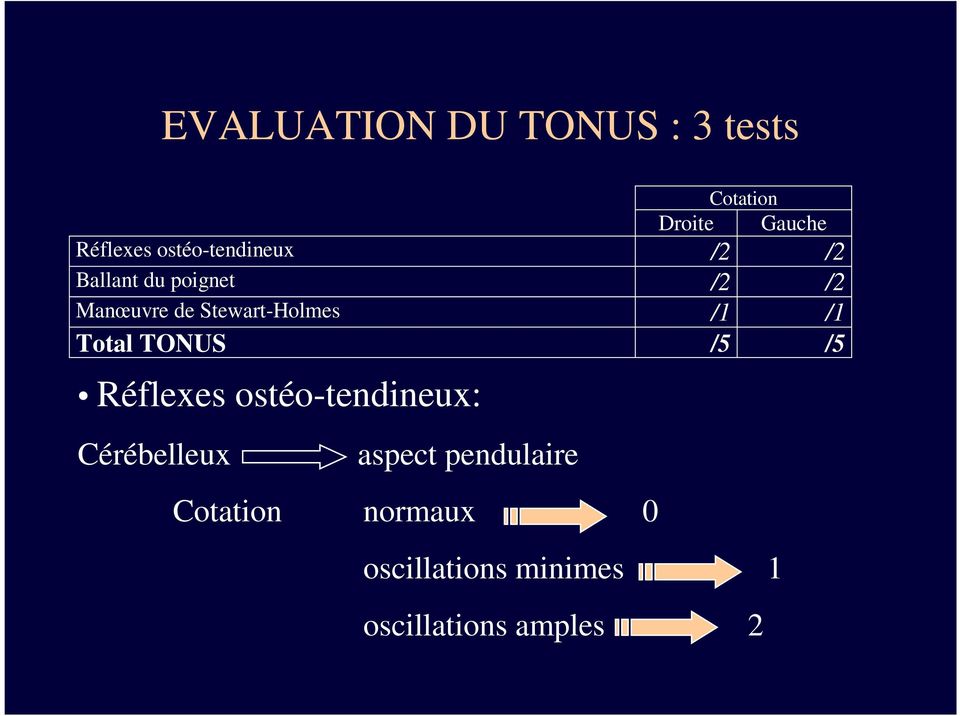 Stewart-Holmes /1 /1 Total TONUS /5 /5 Réflexes ostéo-tendineux: