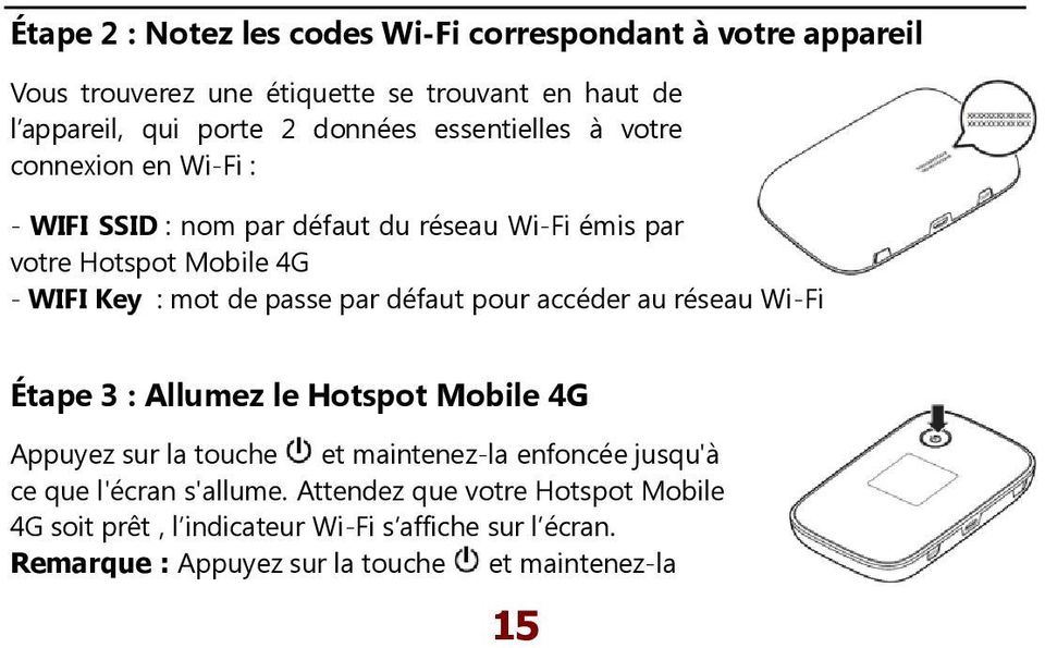 par défaut pour accéder au réseau Wi-Fi Étape 3 : Allumez le Hotspot Mobile 4G Appuyez sur la touche et maintenez-la enfoncée jusqu'à ce que l'écran