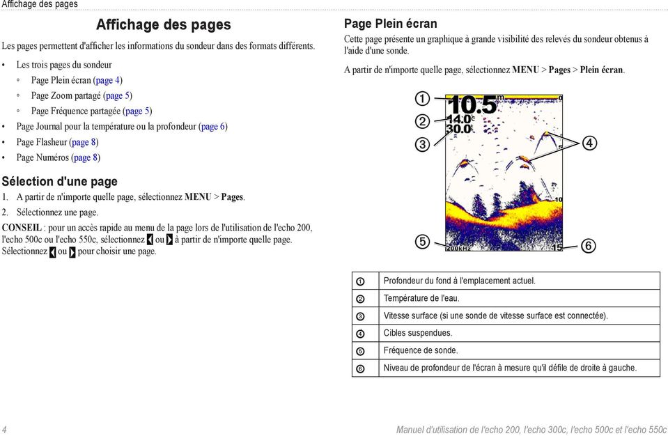 Numéros (page 8) Page Plein écran Cette page présente un graphique à grande visibilité des relevés du sondeur obtenus à l'aide d'une sonde.