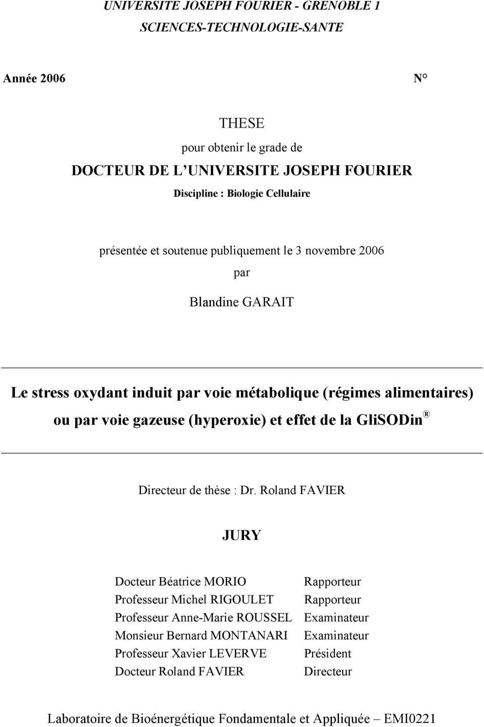 (hyperoxie) et effet de la GliSODin Directeur de thèse : Dr.
