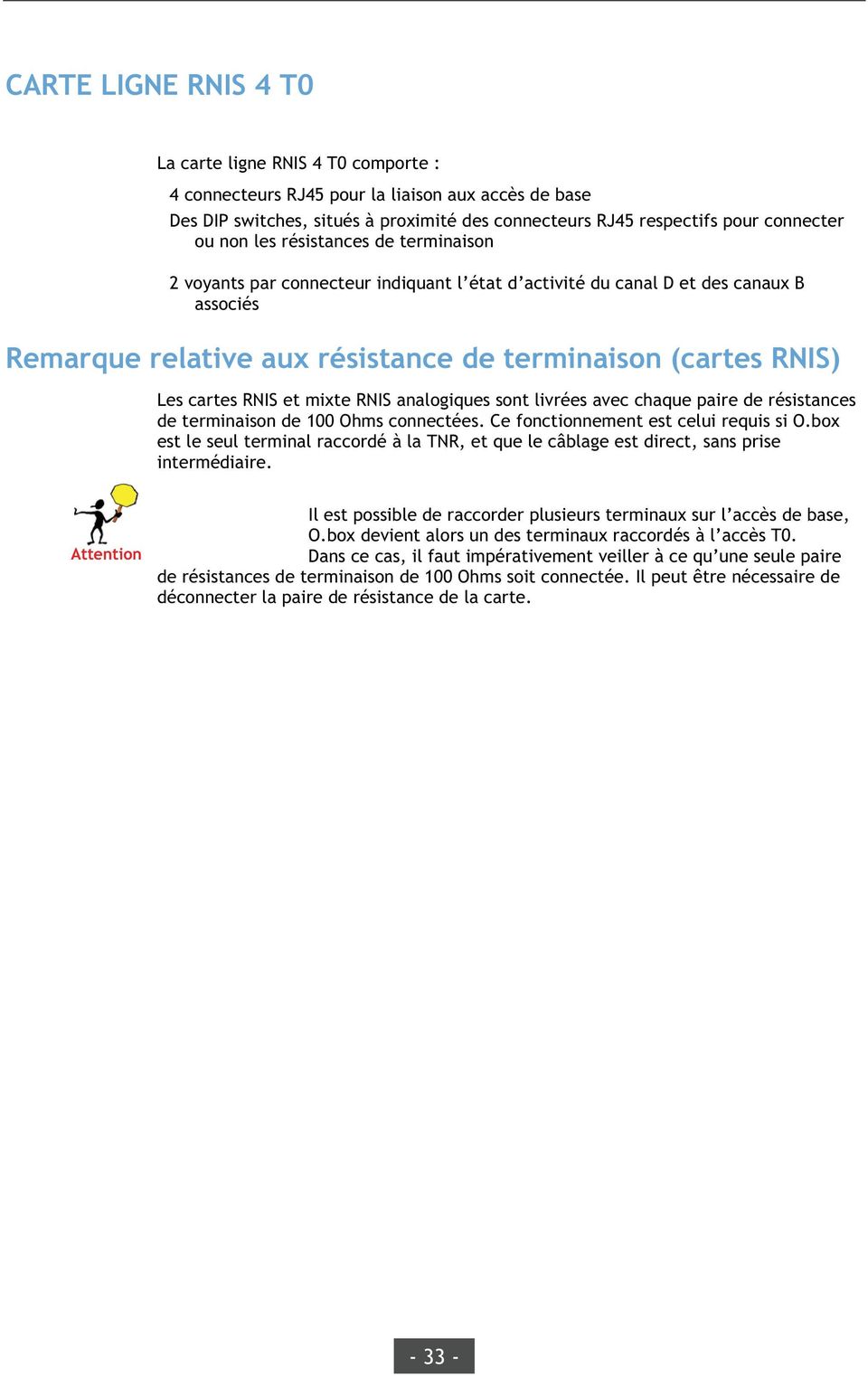 RNIS et mixte RNIS analogiques sont livrées avec chaque paire de résistances de terminaison de 100 Ohms connectées. Ce fonctionnement est celui requis si O.