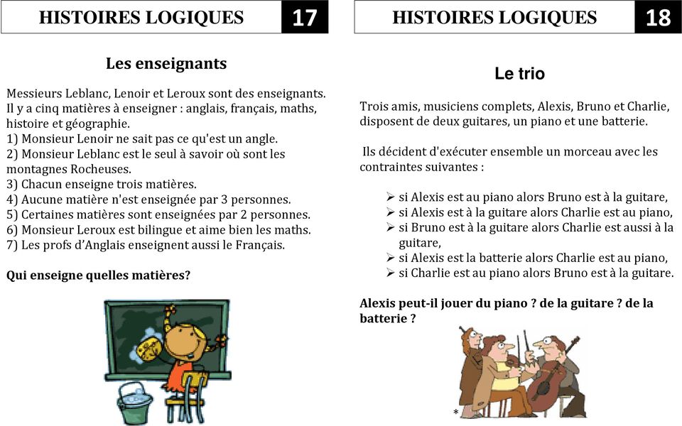 4) Aucune matière n'est enseignée par 3 personnes. 5) Certaines matières sont enseignées par 2 personnes. 6) Monsieur Leroux est bilingue et aime bien les maths.