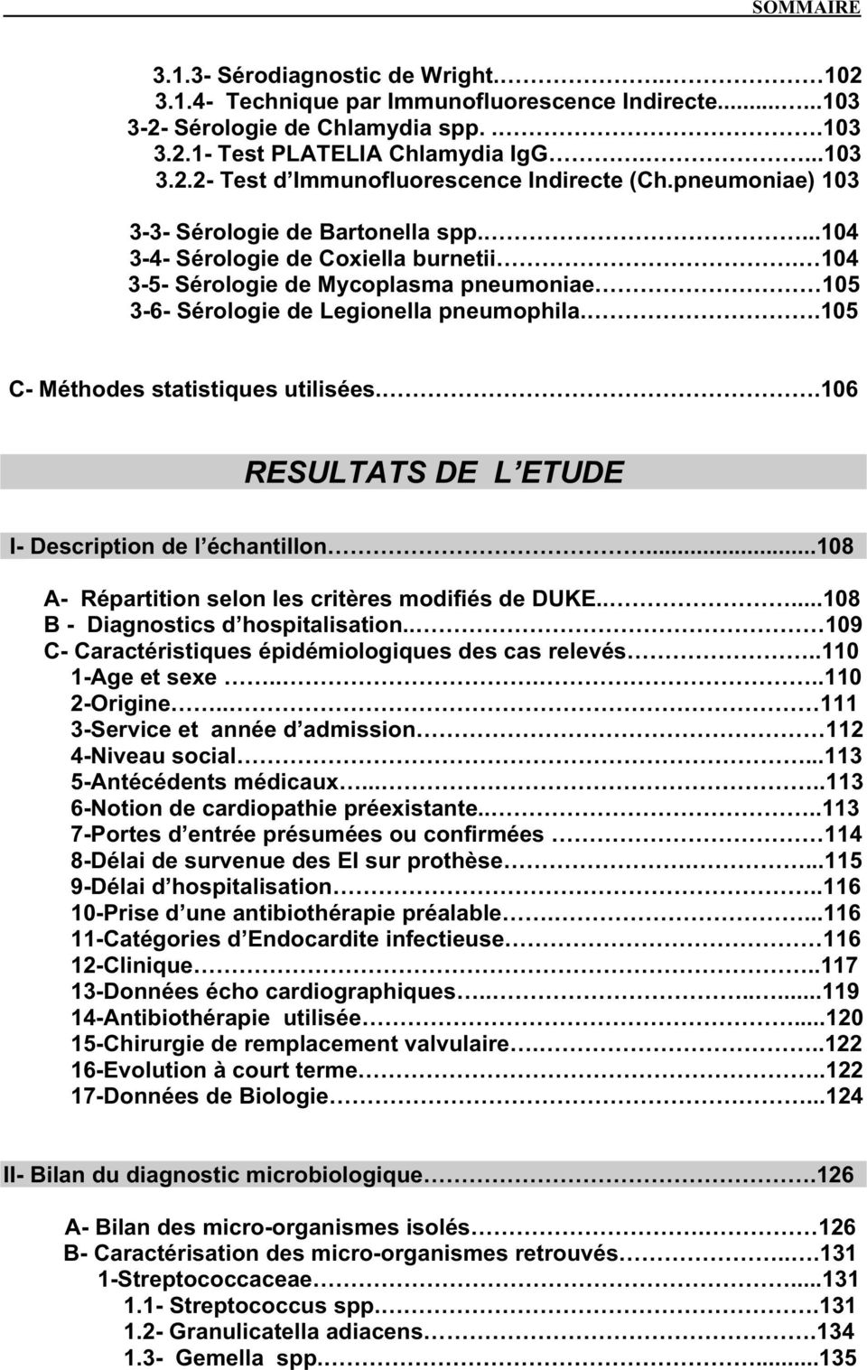 .105 C- Méthodes statistiques utilisées..106 RESULTATS DE L ETUDE I- Description de l échantillon...108 A- Répartition selon les critères modifiés de DUKE.....108 B - Diagnostics d hospitalisation.