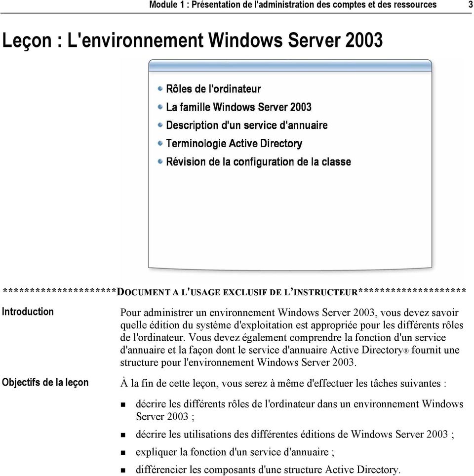 Vous devez également comprendre la fonction d'un service d'annuaire et la façon dont le service d'annuaire Active Directory fournit une structure pour l'environnement Windows Server 2003.