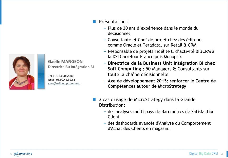 Fidélité & d activité BI&CRM à la DSI Carrefour France puis Monoprix Directrice de la Business Unit Intégration BI chez Soft Computing : 50 Managers & Consultants sur toute la chaîne