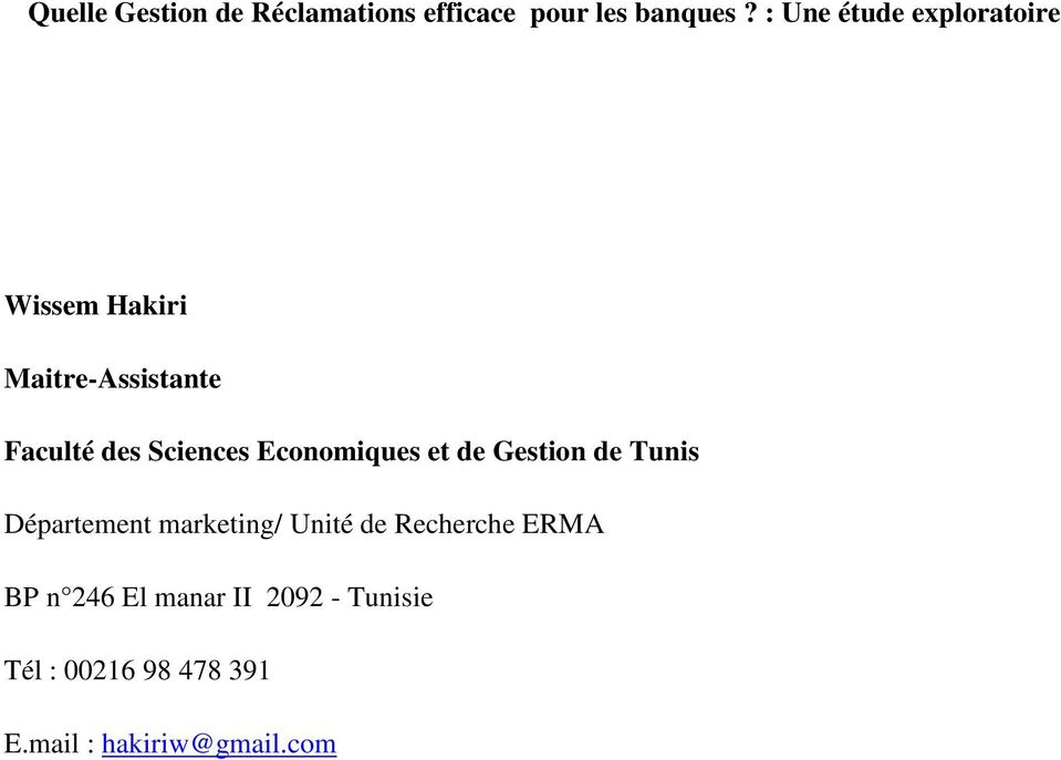 Sciences Economiques et de Gestion de Tunis Département marketing/ Unité de