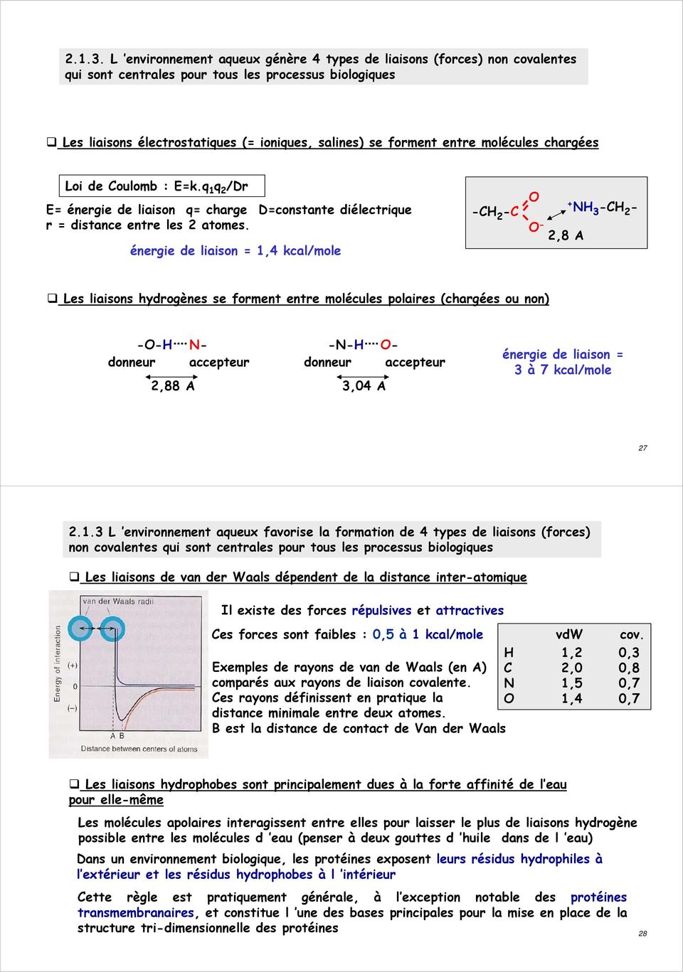 molécules chargées Loi de Coulomb : E=k.q 1 q 2 /Dr E= énergie de liaison q= charge D=constante diélectrique r = distance entre les 2 atomes.