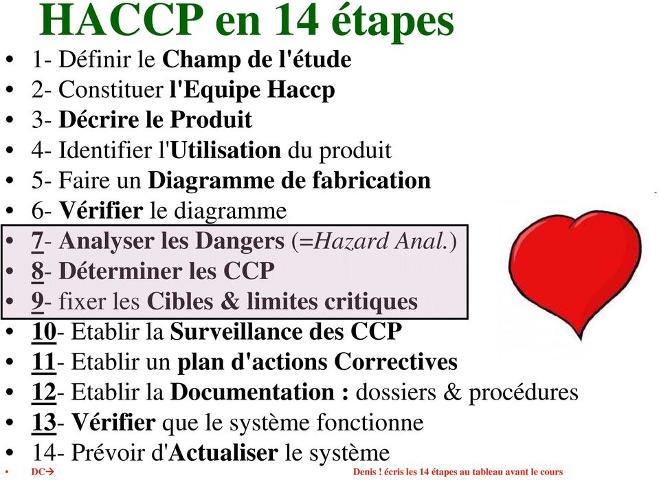 ) 8- Déterminer les CCP 9- fixer les Cibles & limites critiques 10- Etablir la Surveillance des CCP 11- Etablir un plan d'actions Correctives