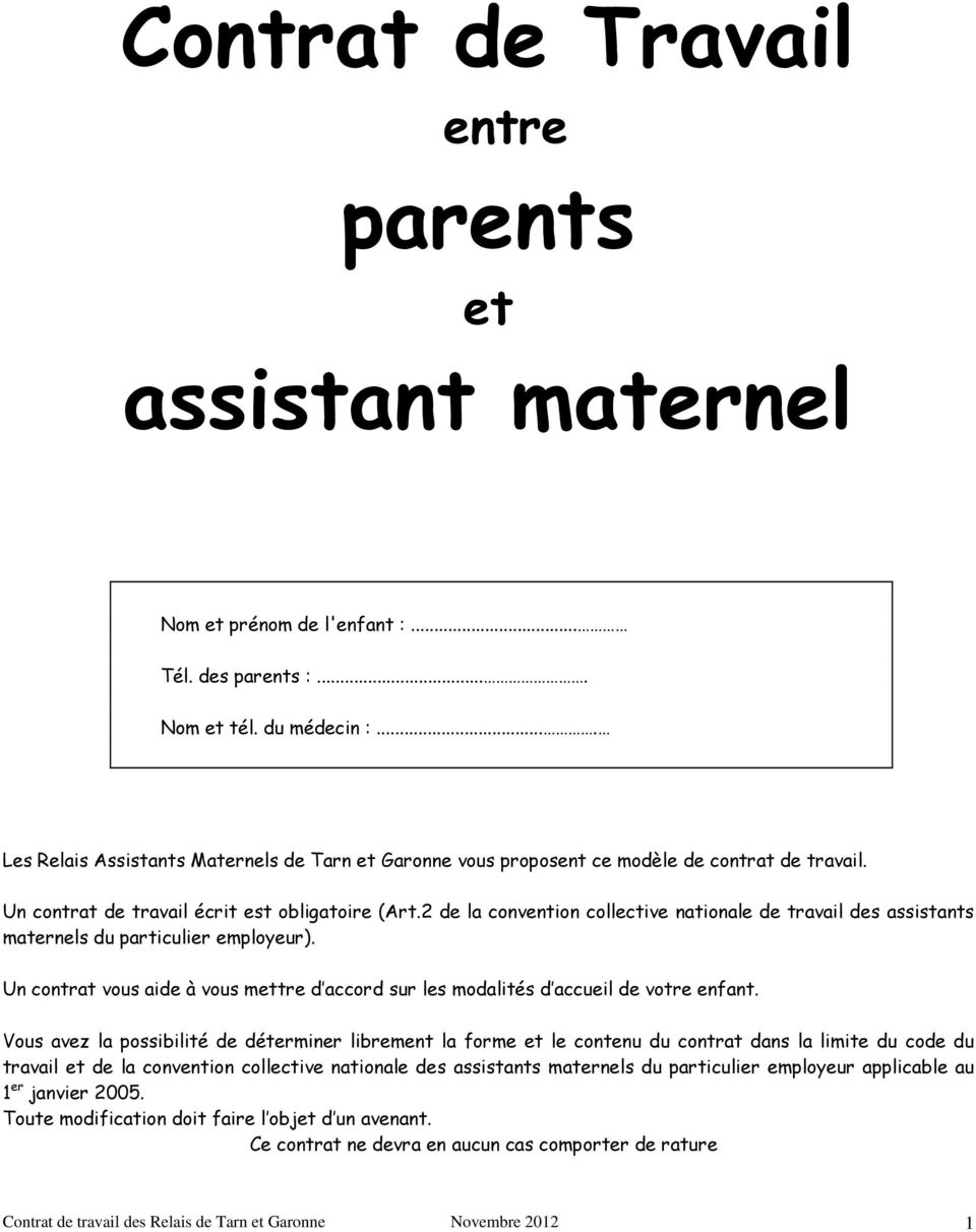Contrat De Travail Parents Assistant Maternel Pdf Free Download