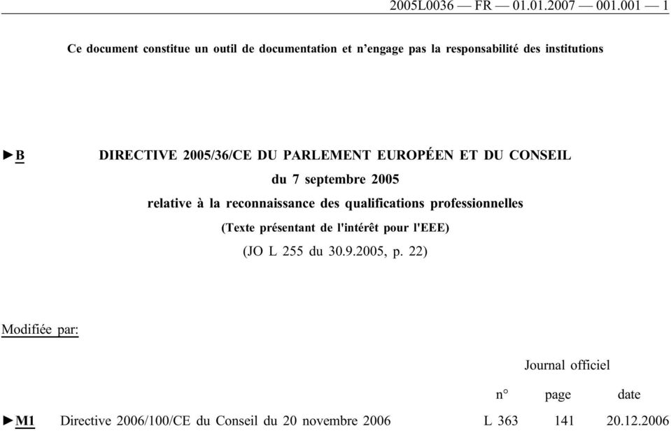 2005/36/CE DU PARLEMENT EUROPÉEN ET DU CONSEIL du 7 septembre 2005 relative à la reconnaissance des qualifications