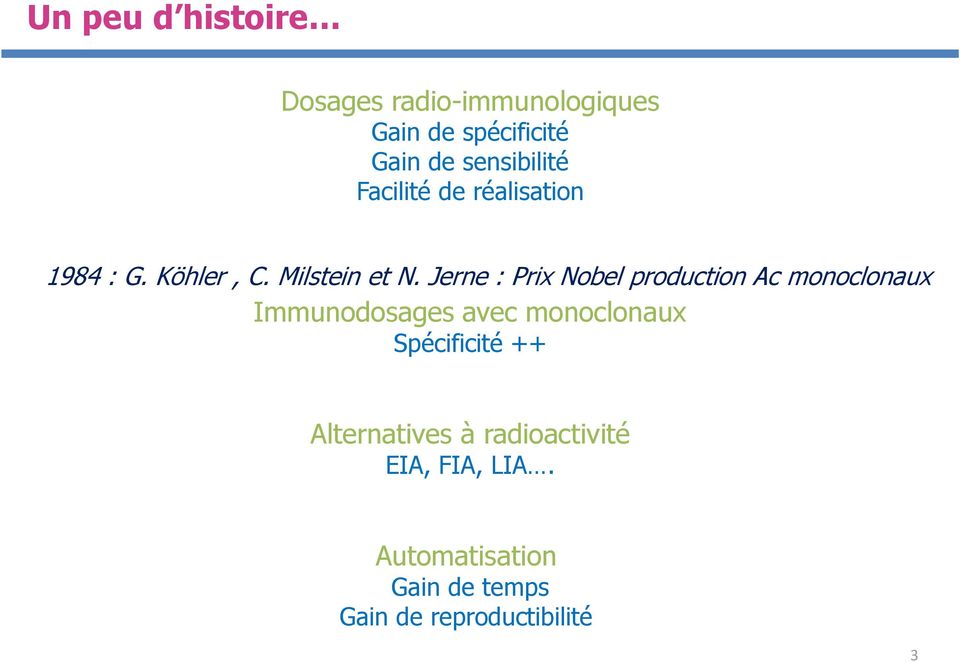 Jerne : Prix Nobel production Ac monoclonaux Immunodosages avec monoclonaux