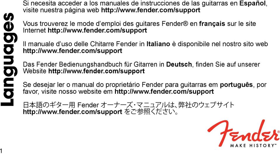 com/support Il manuale d uso delle Chitarre Fender in Italiano è disponibile nel nostro sito web http://www.fender.