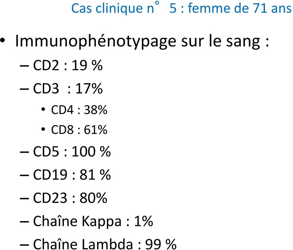 CD3 : 17% CD4 : 38% CD8 : 61% CD5 : 100 %