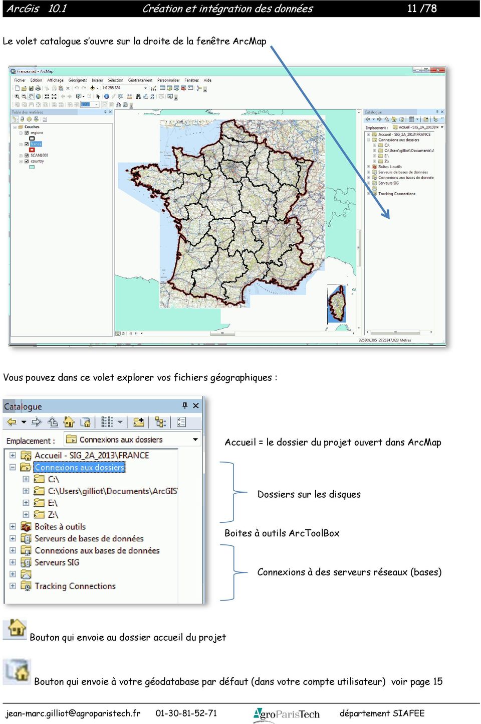 pouvez dans ce volet explorer vos fichiers géographiques : Accueil = le dossier du projet ouvert dans ArcMap